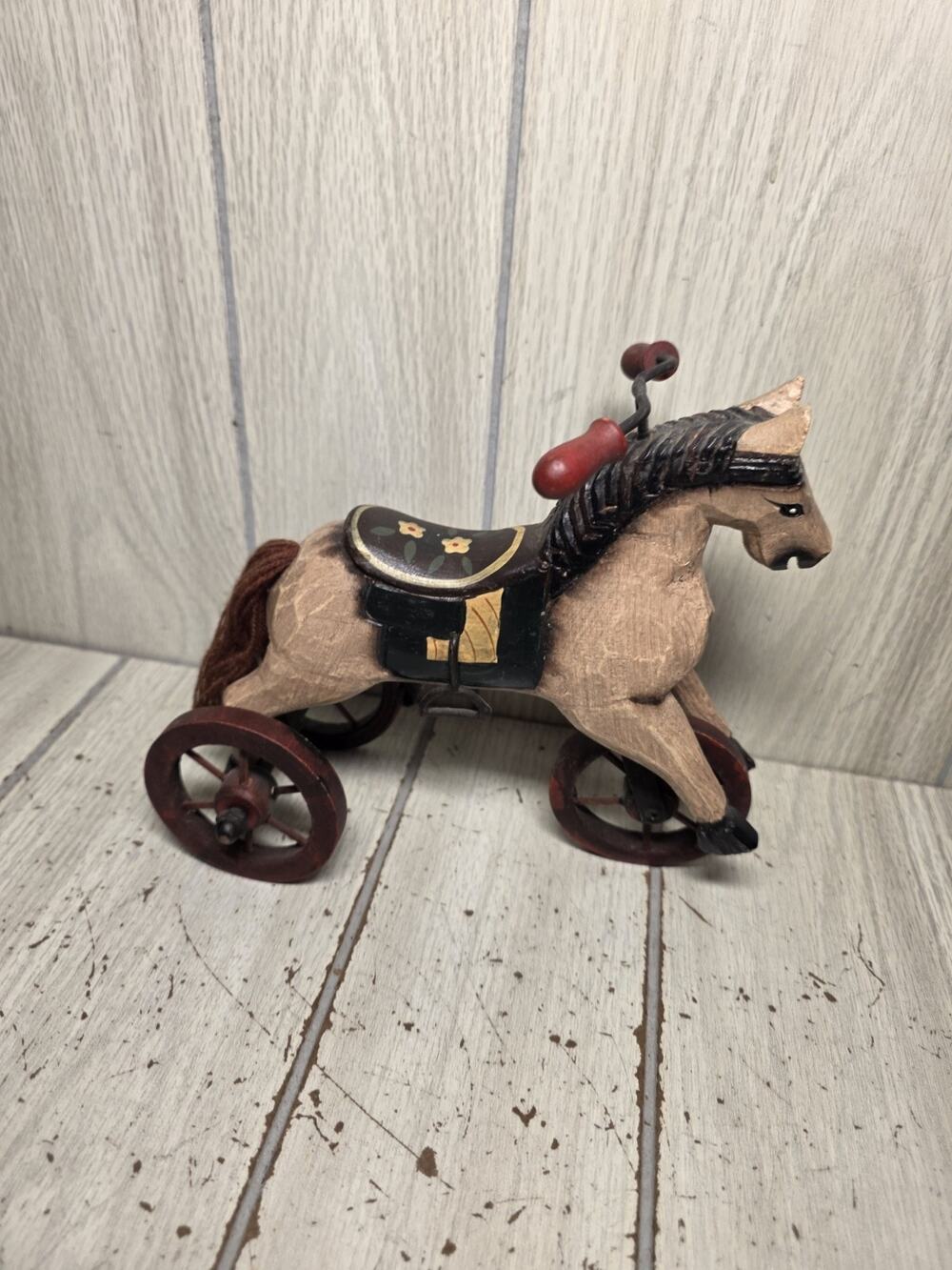 Vtg Folk Art Wooden Primitive Look Horse Metal Wheels Cottagecore Heritage 9"